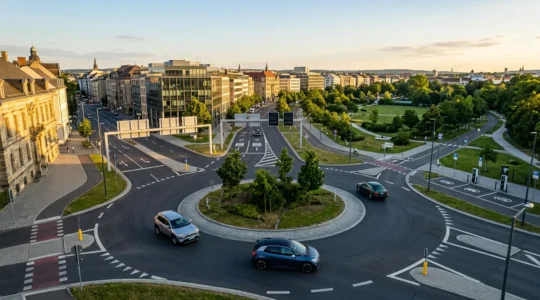 Vue aérienne d'une zone urbaine avec différents types de véhicules et panneaux de signalisation ZFE