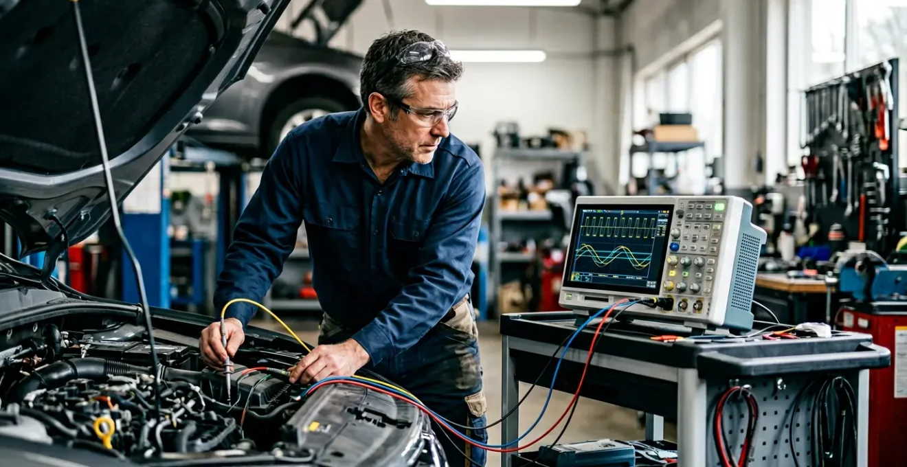 Technicien automobile utilisant un oscilloscope pour analyser les signaux de capteurs sur un véhicule moderne
