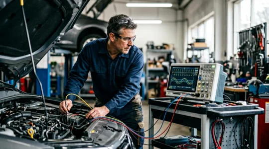 Technicien automobile utilisant un oscilloscope pour analyser les signaux de capteurs sur un véhicule moderne