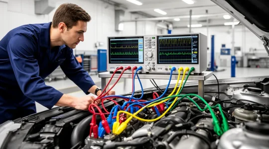 Vue d'un technicien utilisant un oscilloscope automobile connecté au moteur d'un véhicule moderne dans un atelier