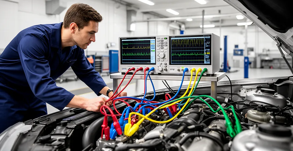 Vue d'un technicien utilisant un oscilloscope automobile connecté au moteur d'un véhicule moderne dans un atelier
