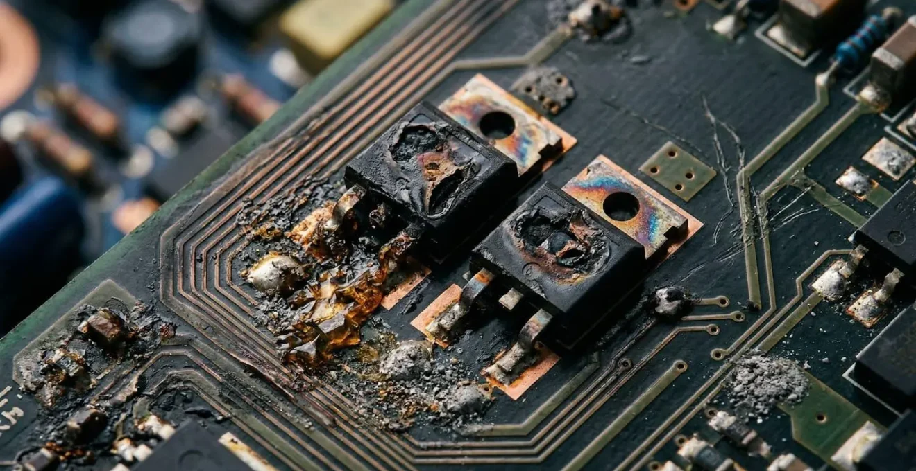 Vue macro rapprochée d'un circuit électronique d'onduleur de voiture électrique avec composants IGBT visibles et traces de surchauffe