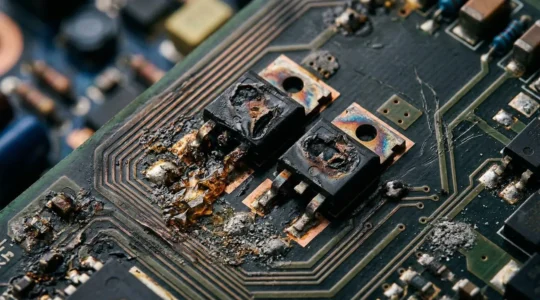 Vue macro rapprochée d'un circuit électronique d'onduleur de voiture électrique avec composants IGBT visibles et traces de surchauffe