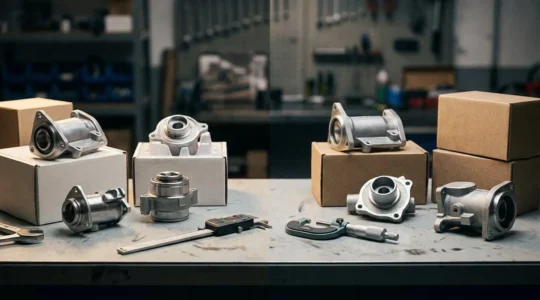 Vue comparative de pièces automobiles d'origine et adaptables sur établi professionnel