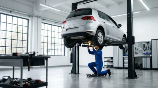 Mécanicien inspectant minutieusement le dessous d'une voiture sur un pont élévateur dans un garage éclairé