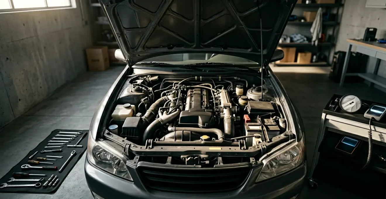Moteur de voiture ancien avec outils de diagnostic et entretien pour optimisation de consommation