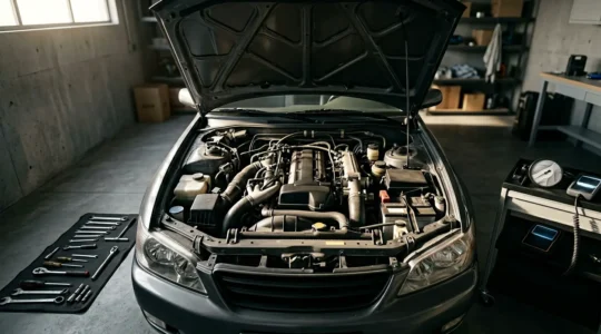 Moteur de voiture ancien avec outils de diagnostic et entretien pour optimisation de consommation