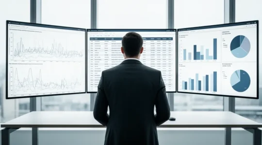Un gestionnaire de flotte analysant des données de consommation sur plusieurs écrans dans un bureau moderne avec vue sur un parc de véhicules professionnels