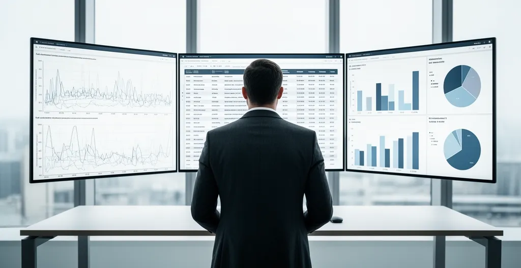 Un gestionnaire de flotte analysant des données de consommation sur plusieurs écrans dans un bureau moderne avec vue sur un parc de véhicules professionnels
