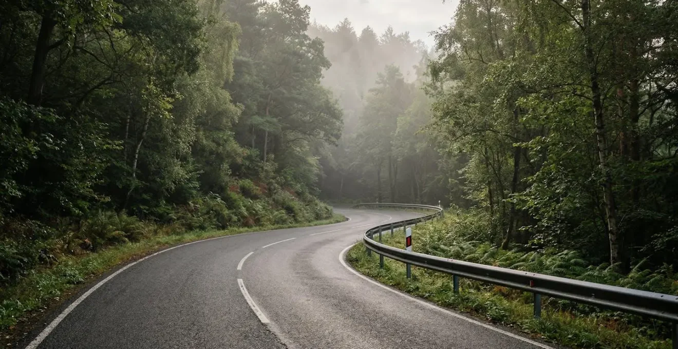 Route secondaire sinueuse avec virage sans visibilité et dispositif de signalisation préventive
