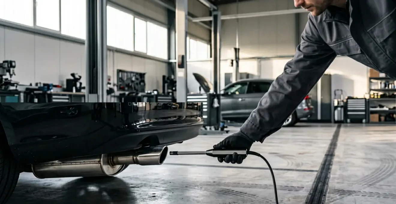 Sonde d'opacimètre placée dans un tuyau d'échappement lors d'un test de pollution diesel