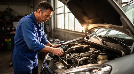 Mécanicien professionnel inspectant le moteur d'un véhicule utilitaire avec outils de diagnostic