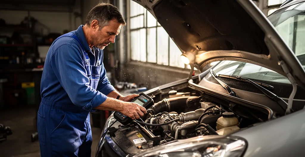 Mécanicien professionnel inspectant le moteur d'un véhicule utilitaire avec outils de diagnostic