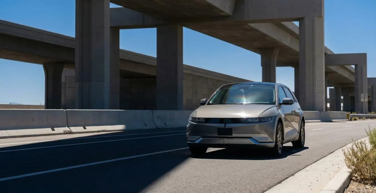 Voiture moderne avec capteurs visibles traversant une zone ombragée sous un pont, illustrant le phénomène de freinage fantôme