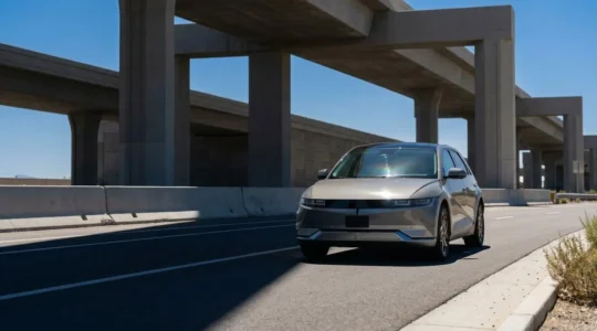 Voiture moderne avec capteurs visibles traversant une zone ombragée sous un pont, illustrant le phénomène de freinage fantôme
