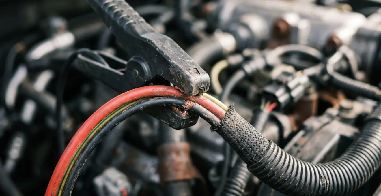 Gros plan sur une pince ampèremétrique connectée au circuit d'alimentation d'une pompe à essence