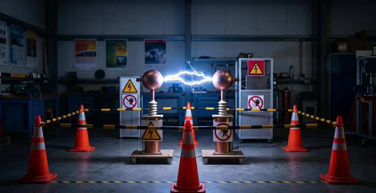 Représentation visuelle d'un arc électrique haute tension montrant la distance de formation dangereuse