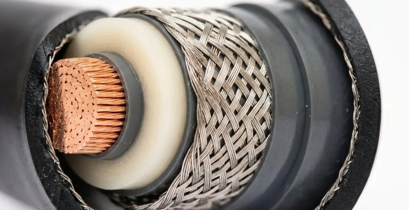 Coupe transversale d'un câble haute tension montrant la structure du blindage électromagnétique
