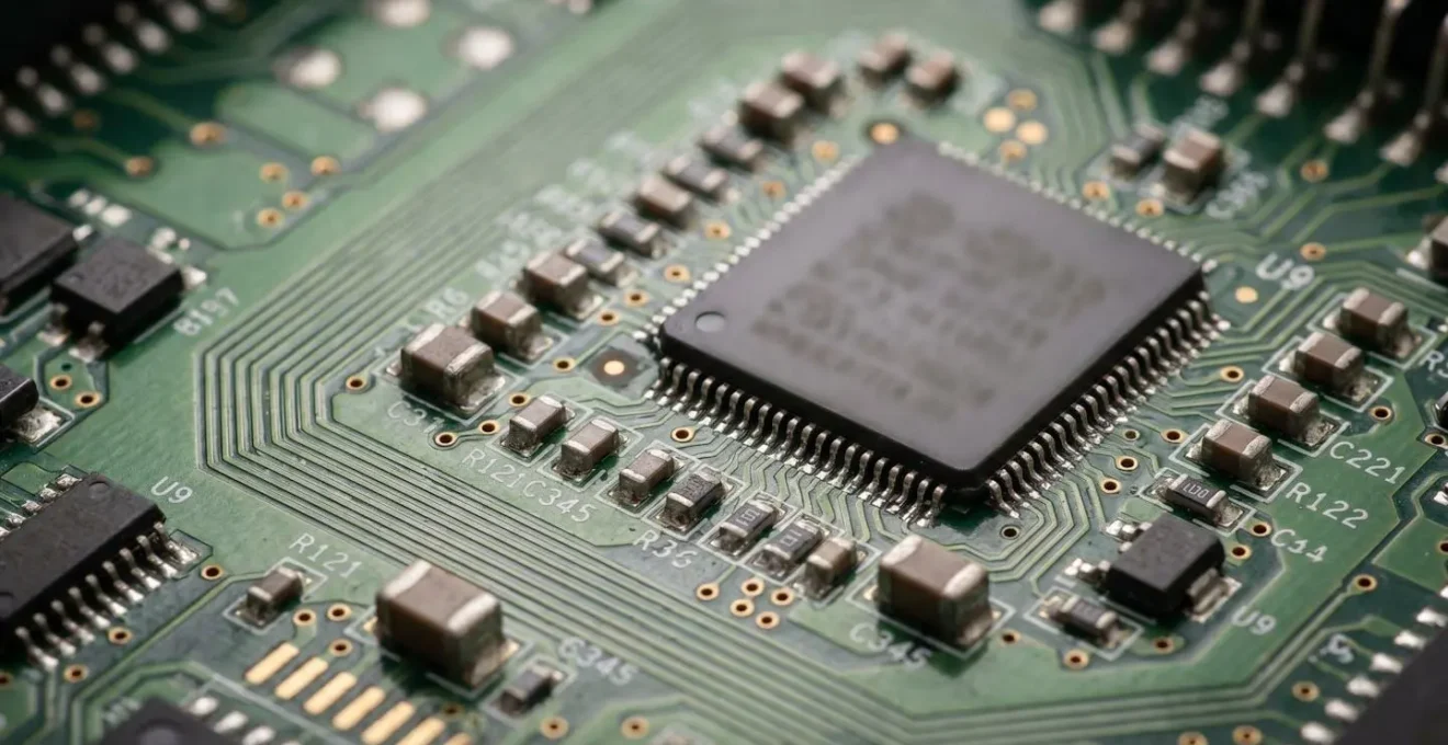 Circuit imprimé de calculateur automobile avec connexions et puces électroniques visibles