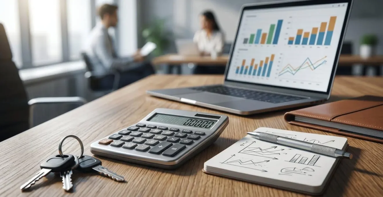 Bureau moderne avec documents financiers et calculatrice pour analyse TCO véhicule