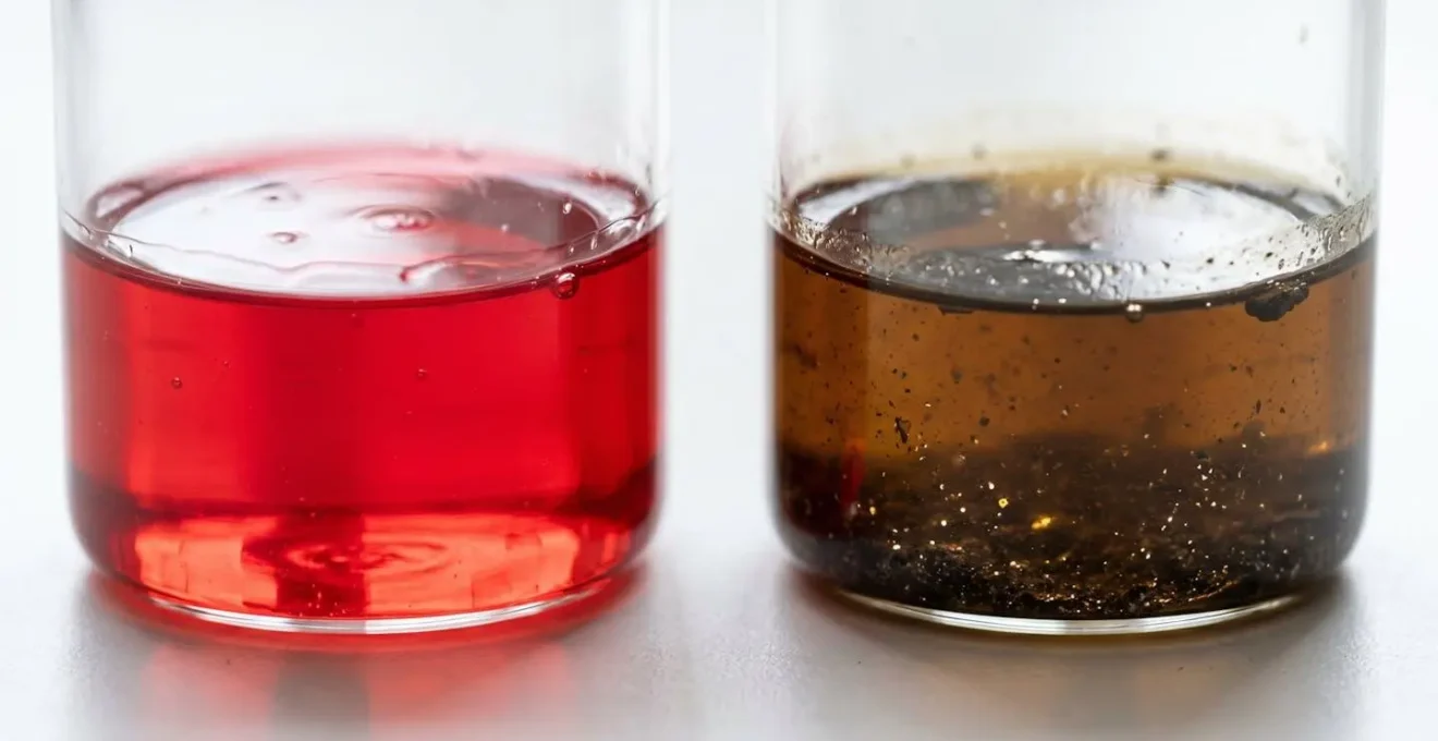 Comparaison visuelle entre huile de boîte automatique neuve rouge vif et huile usagée brunâtre