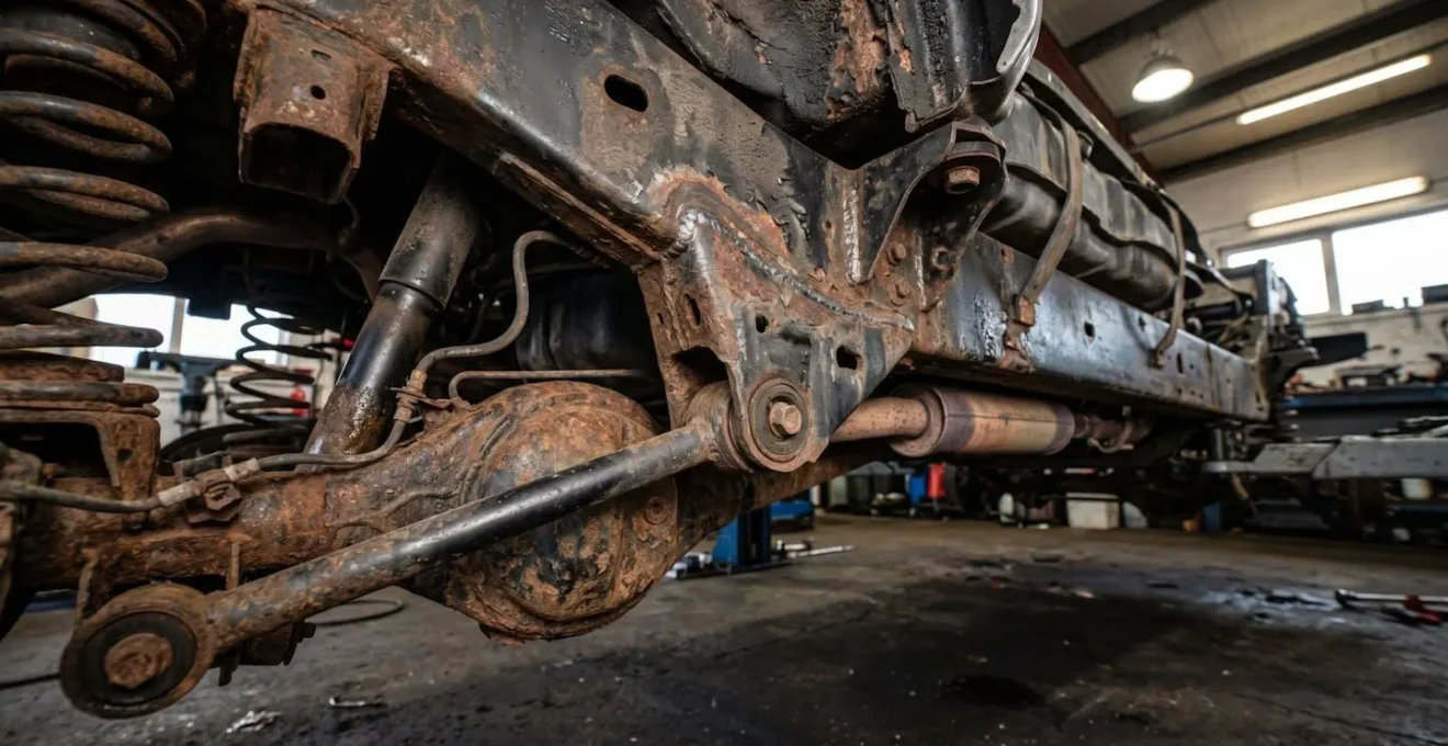 Vue détaillée des zones de corrosion critique sous un train arrière automobile