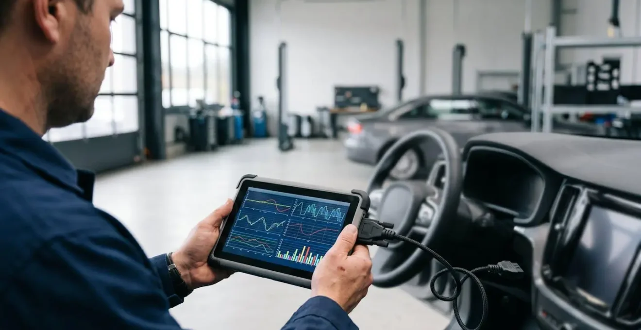 Technicien utilisant une valise de diagnostic sur une boîte automatique moderne