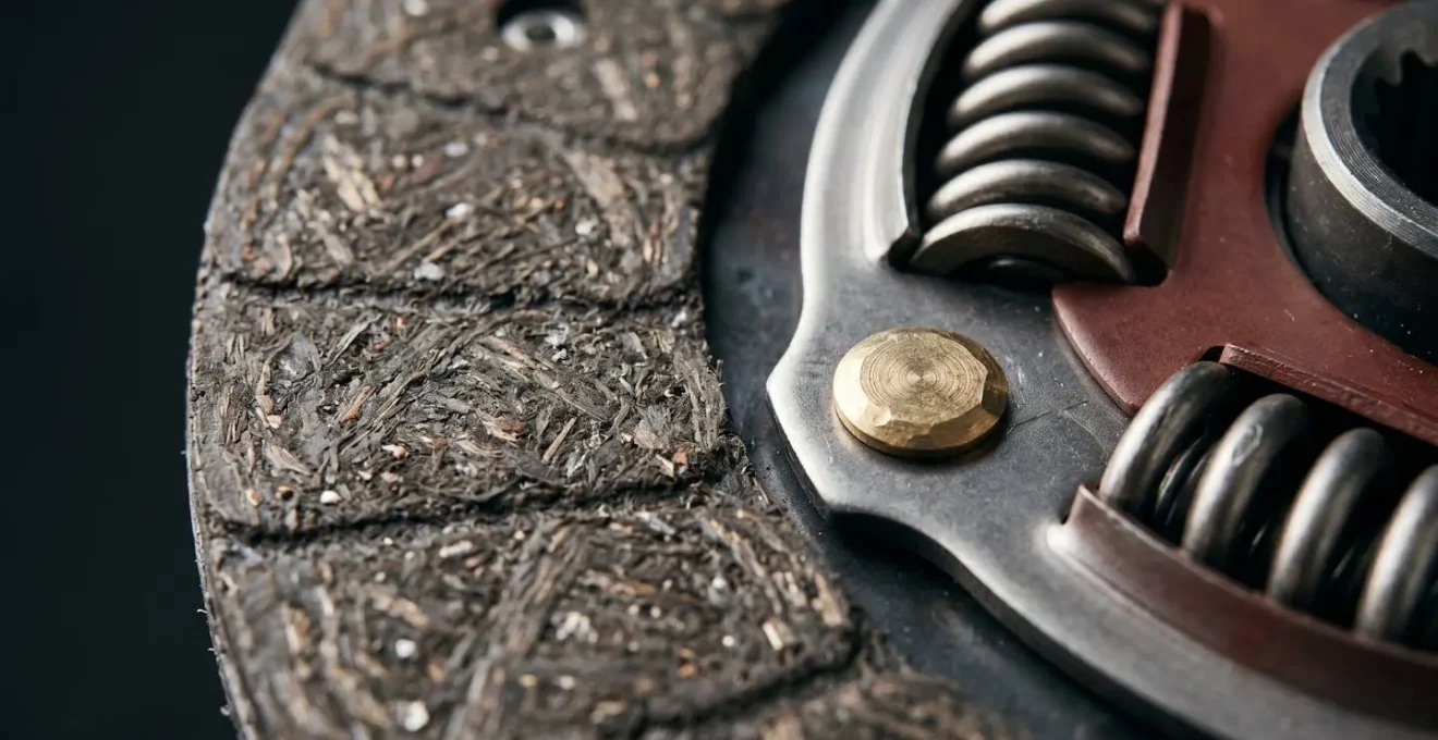 Vue macro des garnitures d'un disque d'embrayage neuf montrant la texture de friction