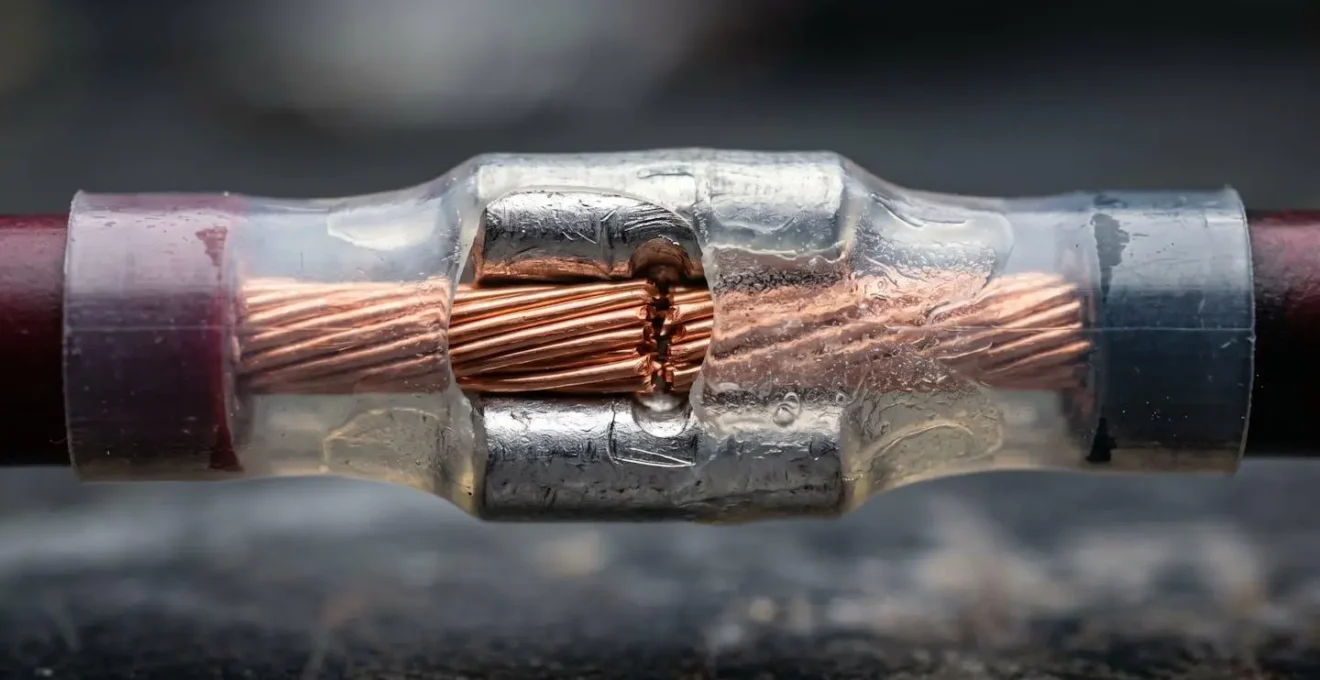 Gros plan sur une connexion sertie avec gaine thermorétractable double paroi sur câble automobile
