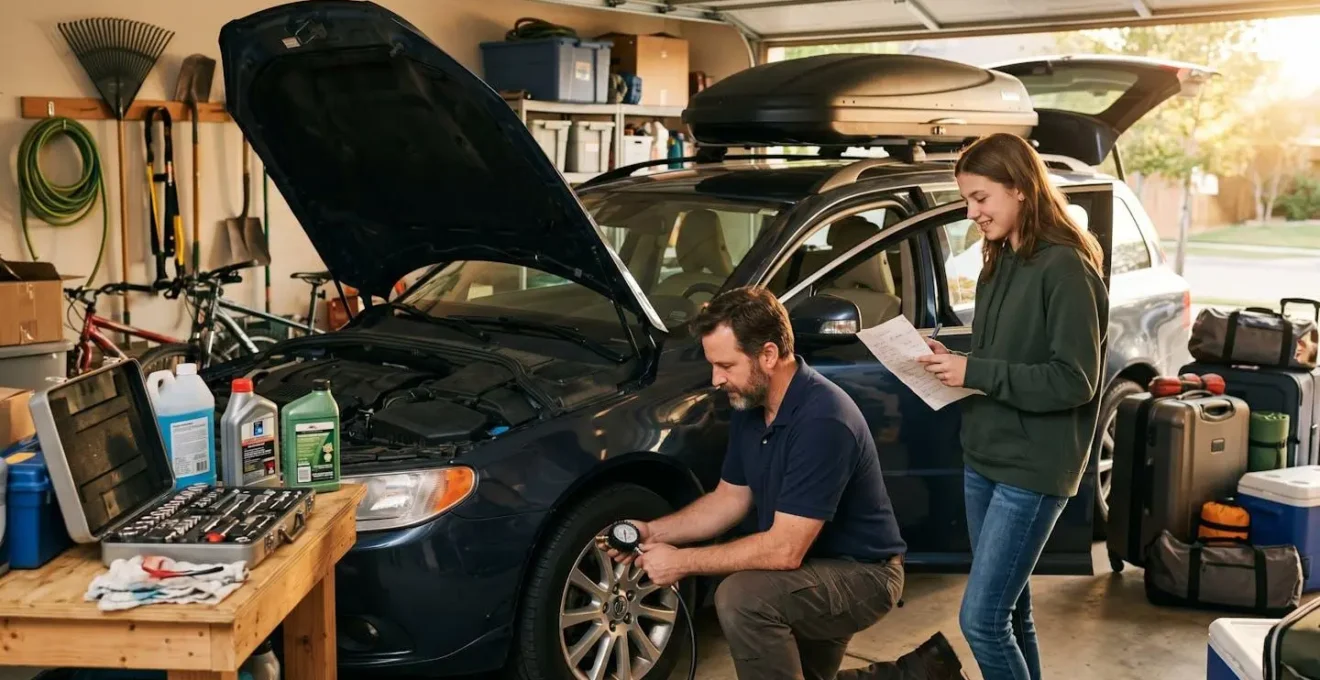 Vue d'ensemble d'un garage familial avec voiture en cours de vérification avant voyage