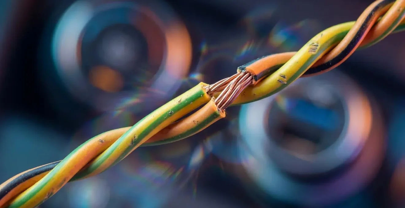 Gros plan macro sur des câbles CAN torsadés avec des ondes électromagnétiques visibles perturbant le signal