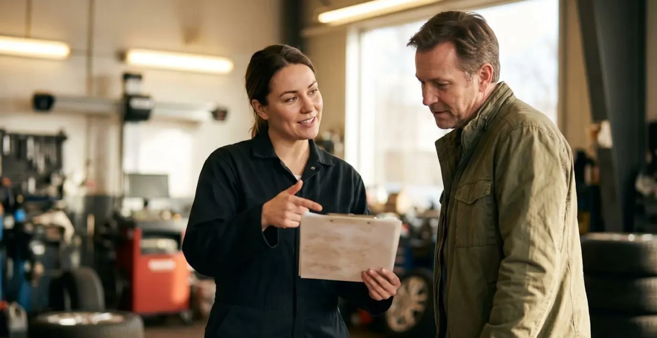 Discussion entre mécanicien et client autour d'un devis dans un garage automobile transparent
