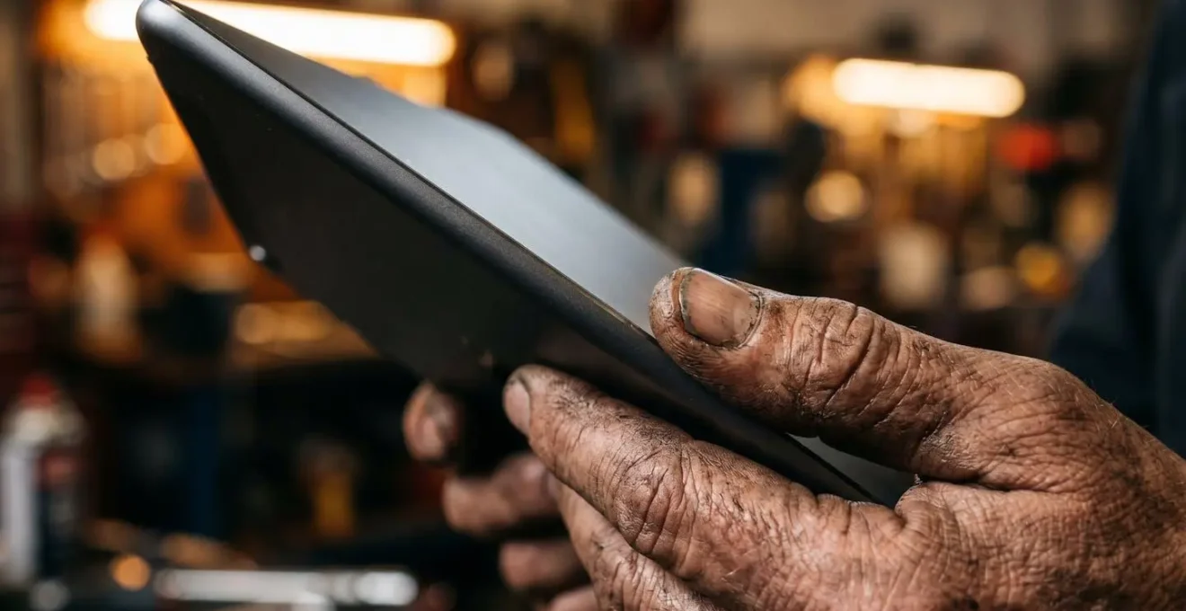 Gros plan sur les mains d'un mécanicien consultant des données techniques sur une tablette dans un atelier automobile