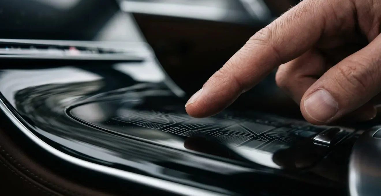 Main de conducteur naviguant dans les menus de configuration des aides à la conduite