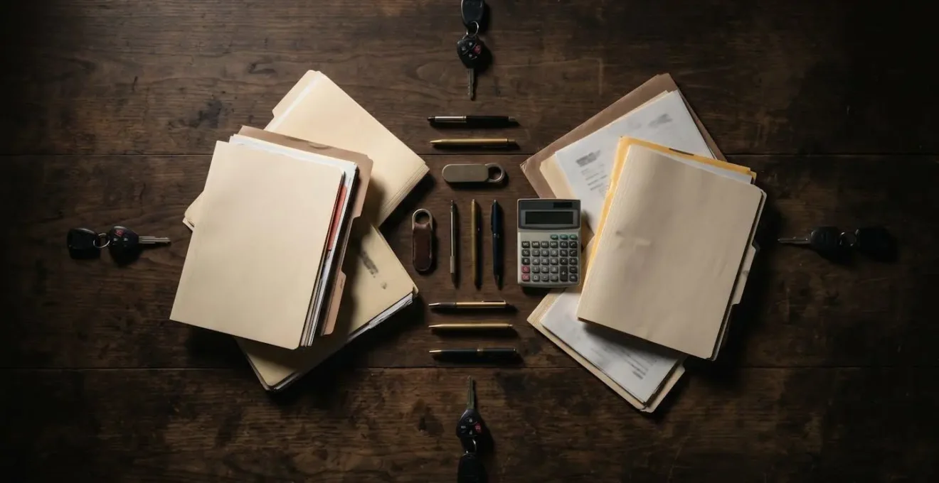Bureau avec documents d'entretien automobile et calculatrice pour négociation