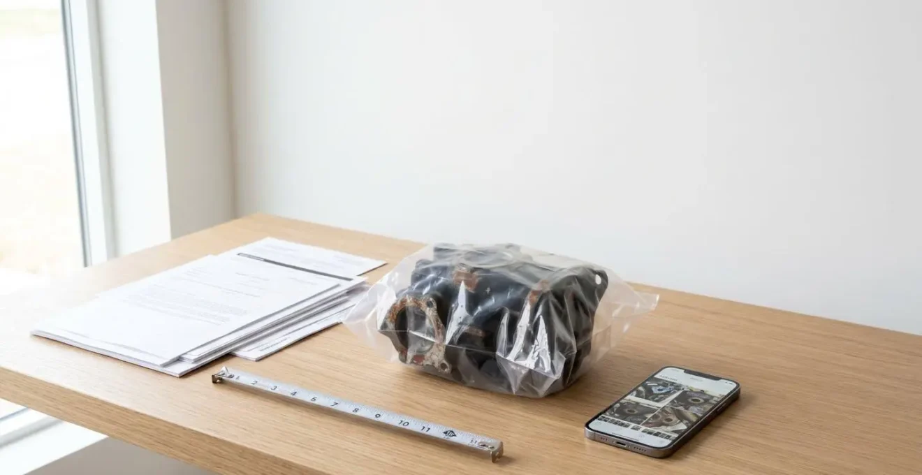 Environnement de bureau minimaliste avec documents de garantie et pièce automobile défectueuse