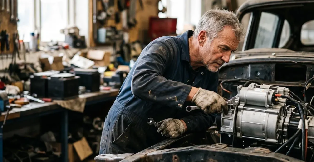 Mécanicien travaillant sur la conversion électrique d'un véhicule dans un atelier