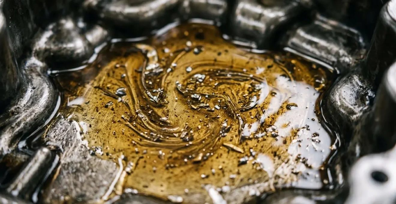 Vue macro de l'intérieur d'un carter d'huile avec résidus métalliques microscopiques