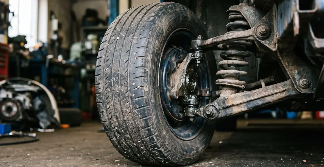 Gros plan technique sur une roue arrière inclinée avec carrossage négatif prononcé