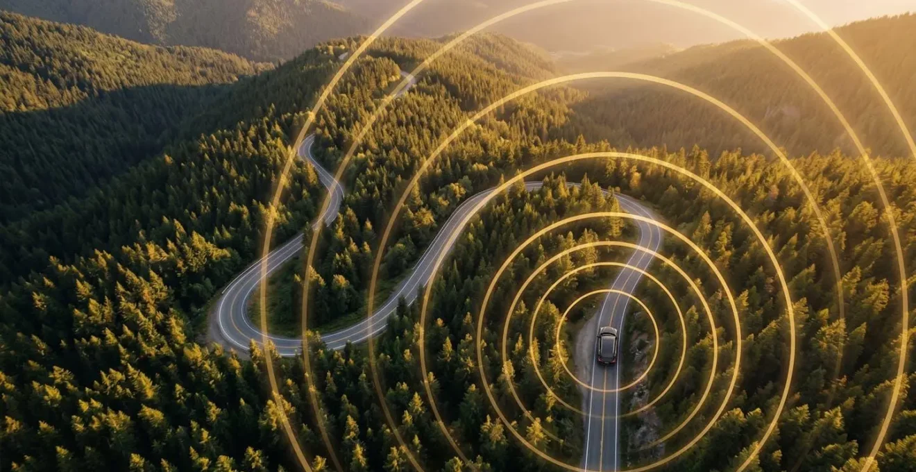 Route de montagne sinueuse vue du dessus avec véhicule arrêté et symboles d'ondes de communication