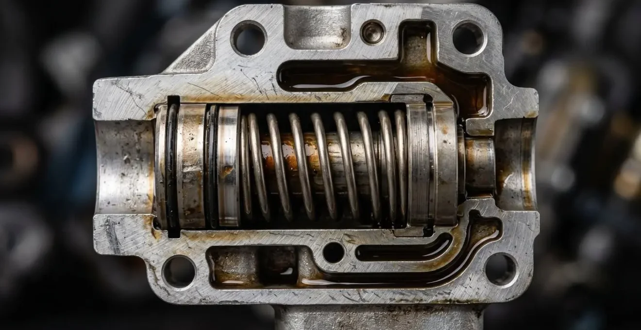 Coupe transversale d'un tendeur de chaîne hydraulique montrant le mécanisme interne et le circuit d'huile
