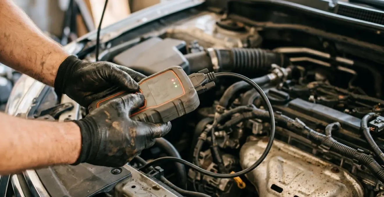 Mains d'un mécanicien tenant un outil de diagnostic OBD2 près du compartiment moteur d'une voiture.
