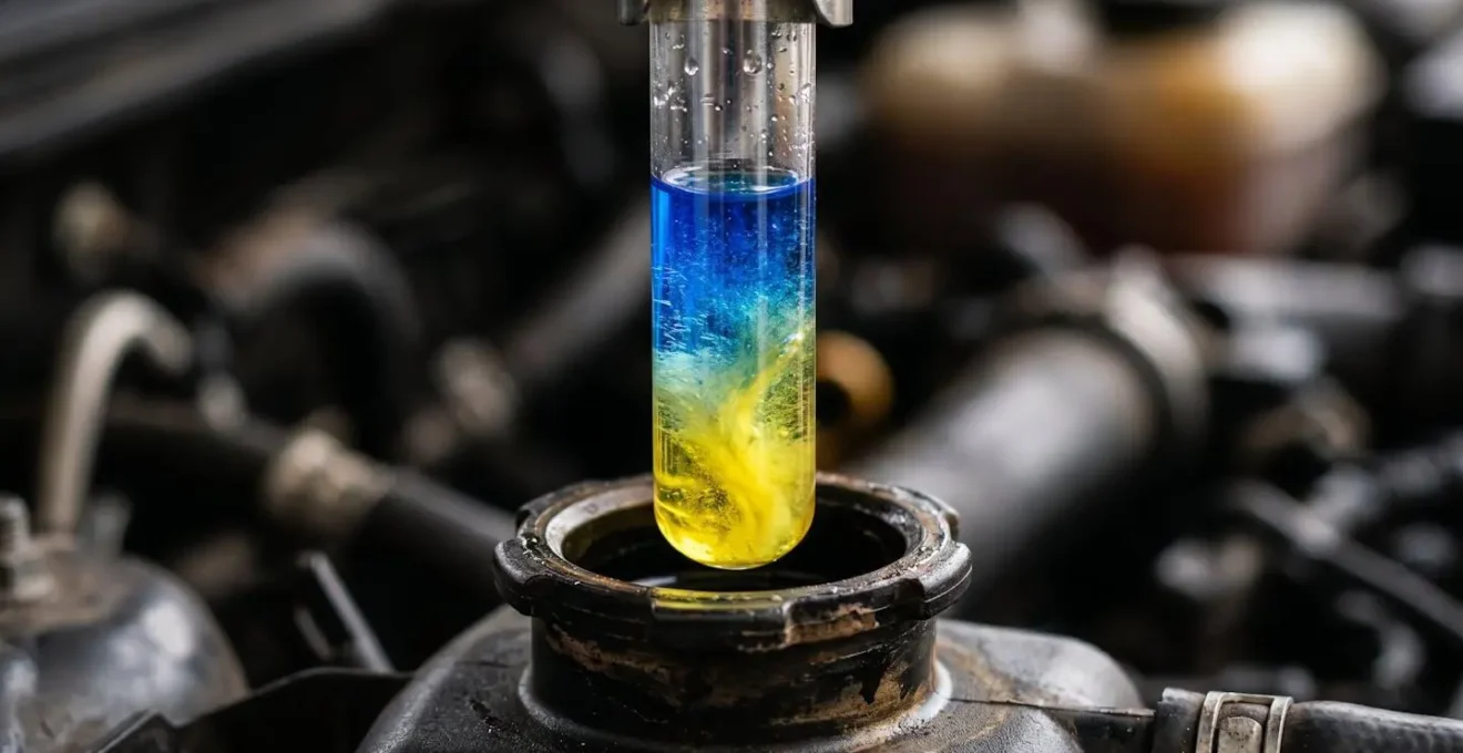 Test de détection chimique CO2 sur vase d'expansion montrant changement de couleur du liquide