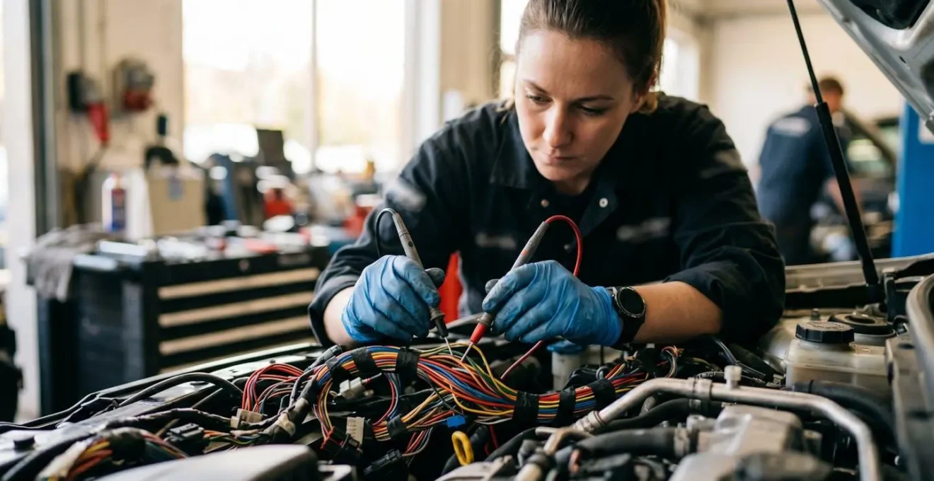 Technicien testant un faisceau automobile section par section avec multimètre