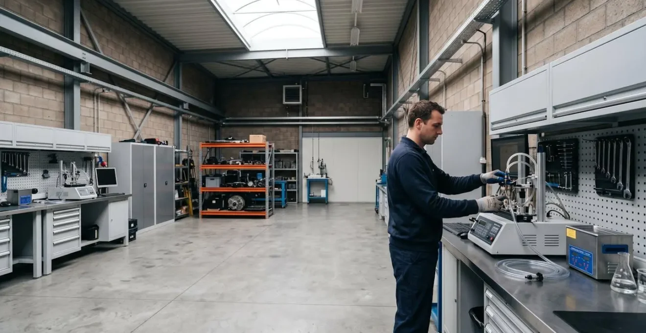 Mécanicien effectuant un test de retour d'injecteur sur un moteur diesel avec équipement spécialisé