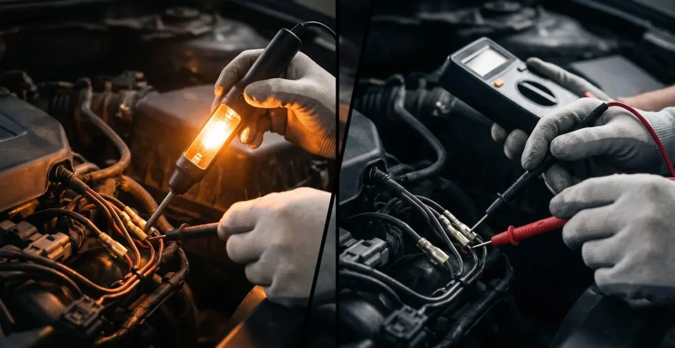 Comparaison visuelle d'un test électrique automobile avec lampe témoin et multimètre côte à côte
