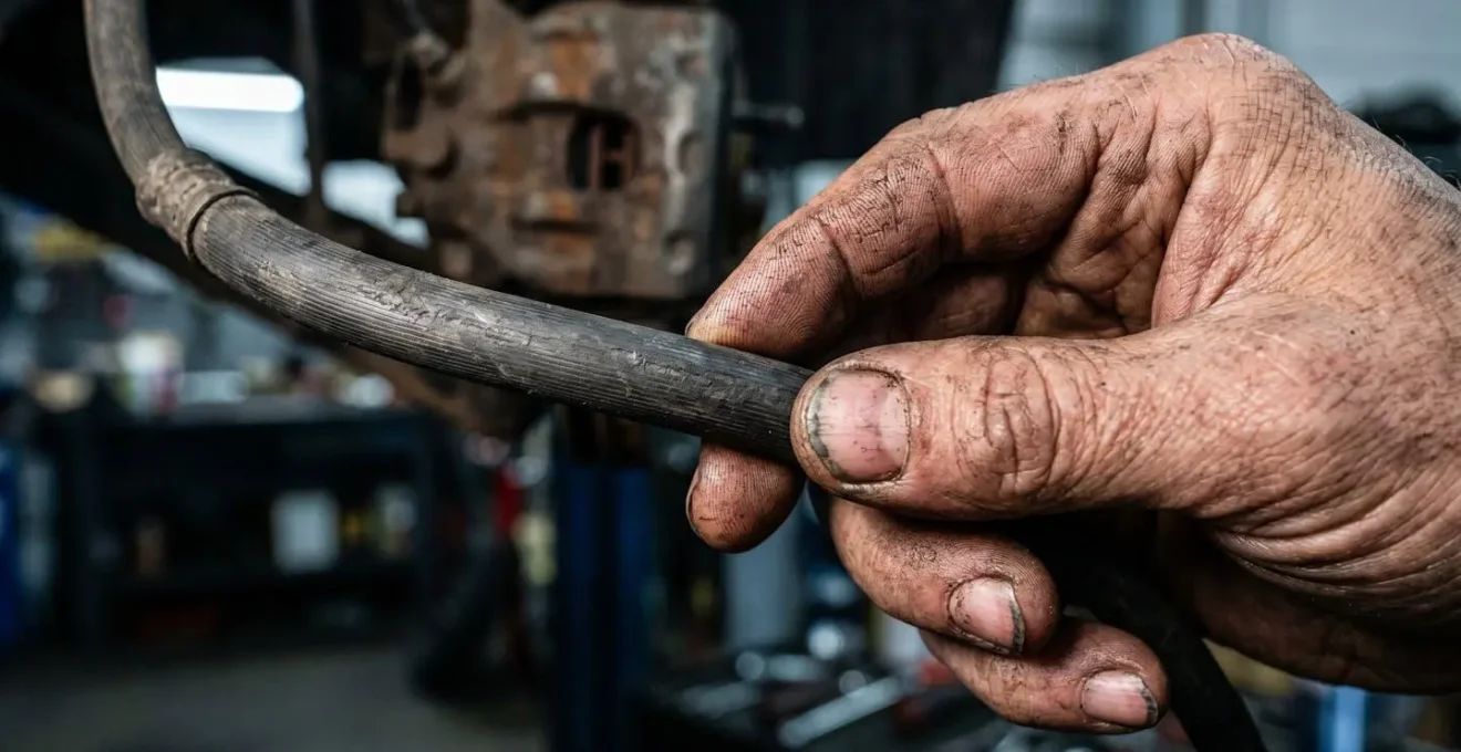 Gros plan sur les mains d'un mécanicien testant la souplesse d'une durite de frein