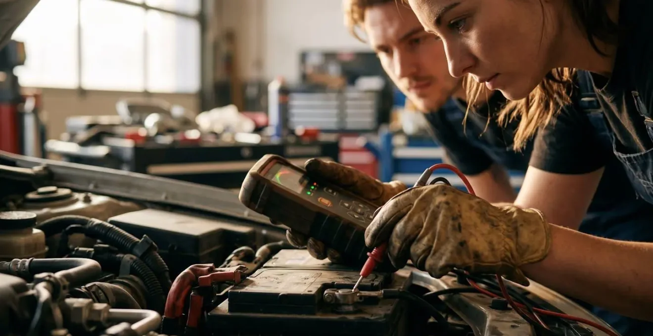 Testeur électronique professionnel analysant la résistance interne d'une batterie automobile