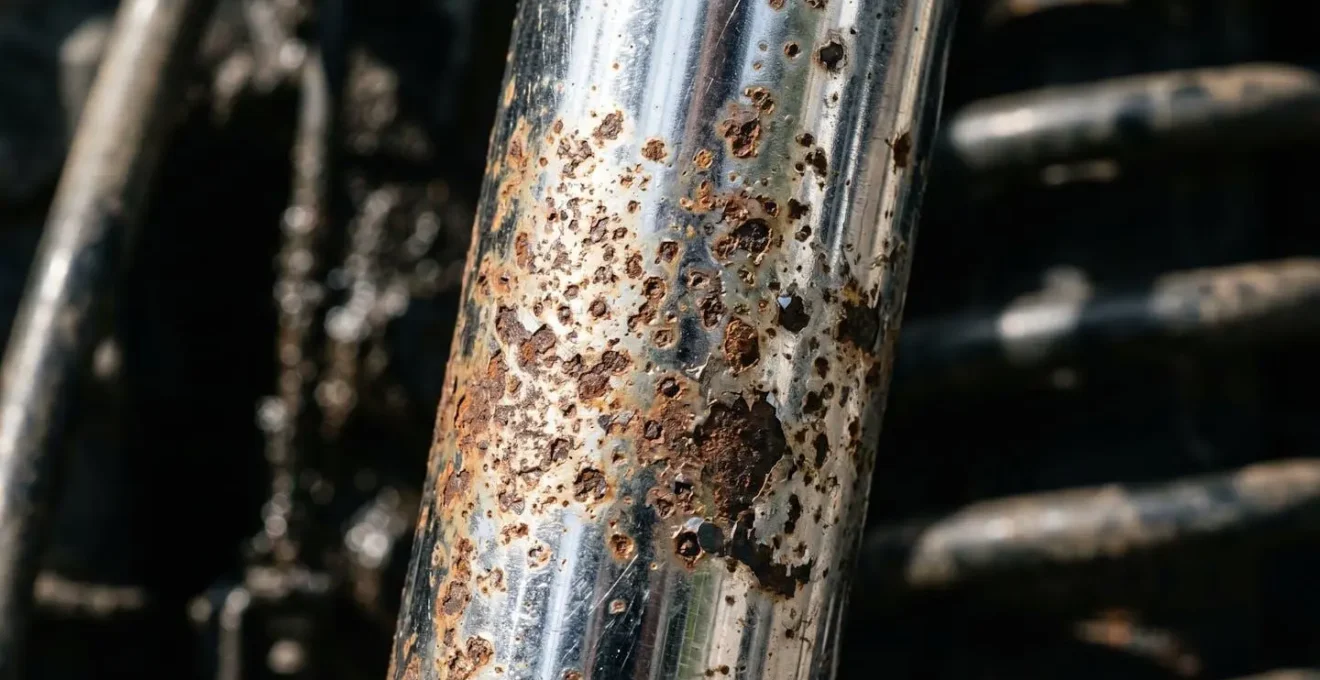 Gros plan sur une tige d'amortisseur montrant des signes de corrosion et de piqûre