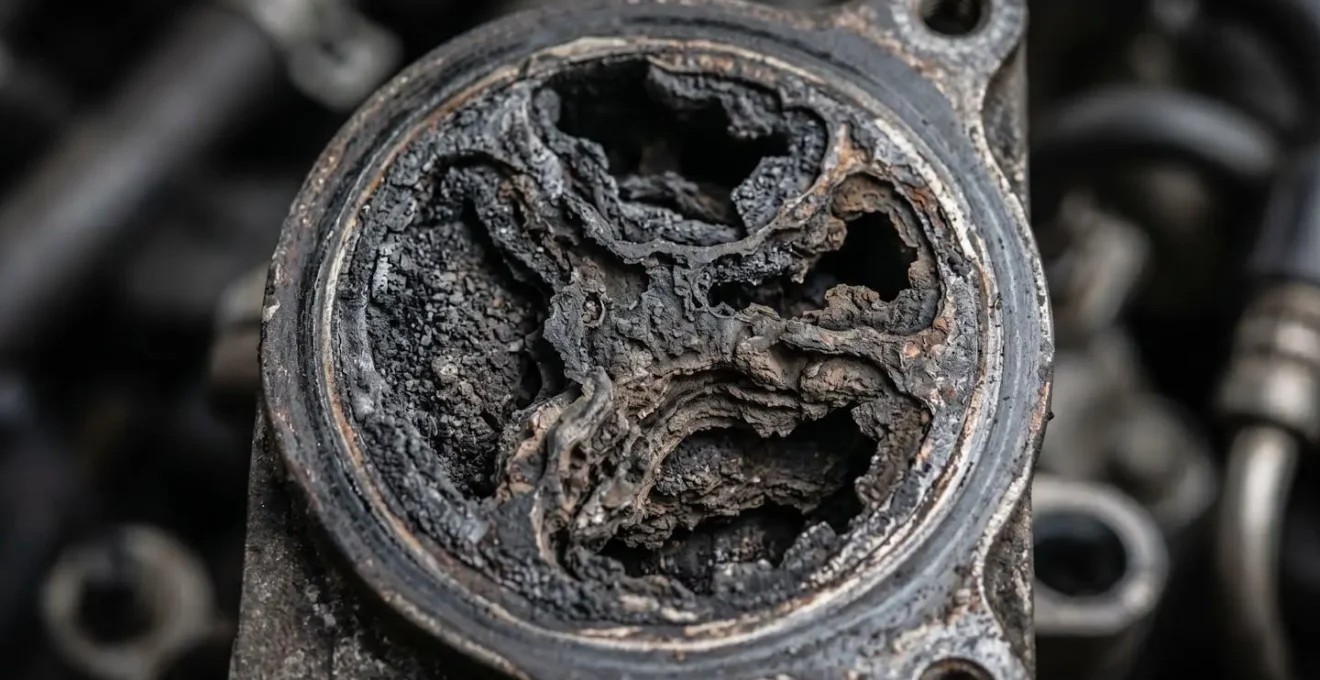 Vue macro d'une vanne EGR très encrassée sur un moteur diesel, montrant une épaisse couche de calamine noire.